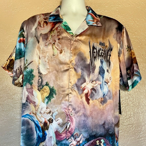 NWT REBEL VENGEANCE Wearable Art ITALIAN Boticelli and LOGO Print Satin SHIRT M - Picture 11 of 16